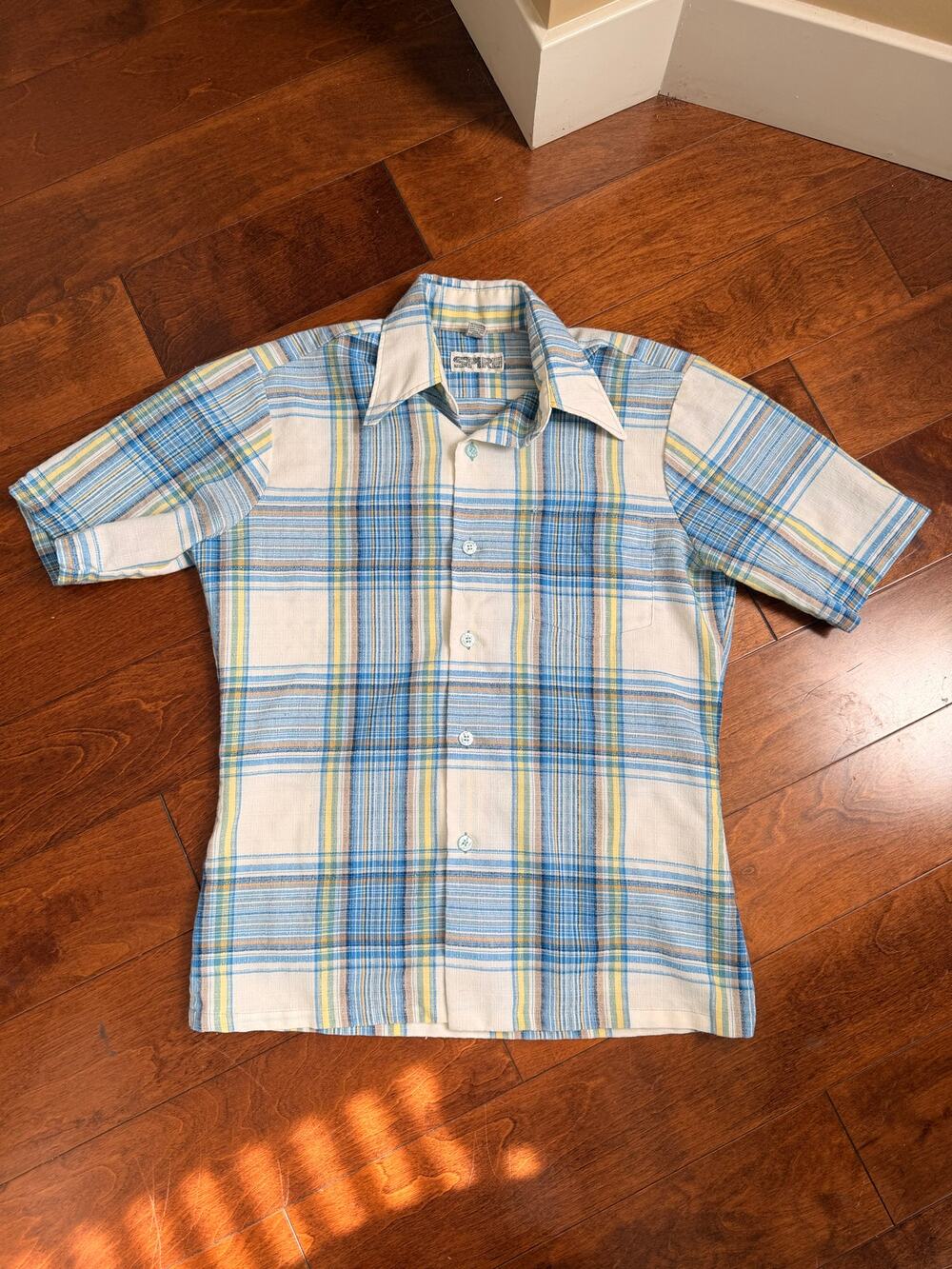 Vintage 70s Spire California Plaid Short Sleeve Shirt Mens M Blue Dagger Collar